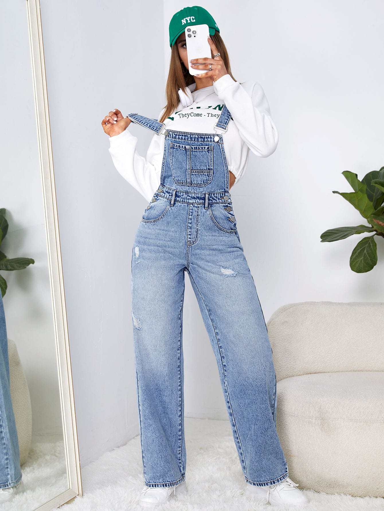 SHEIN EZwear Ripped Washed Denim Overalls SHEIN USA