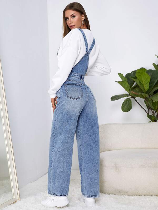 SHEIN EZwear Ripped Washed Denim Overalls SHEIN USA