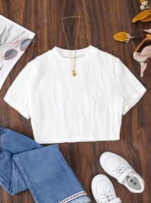 Áo thun ngắn cổ tròn dệt kim Tween Girl Jacquard cỡ lớn có gân lượn sóng - trắng - Xem 1