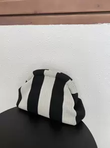 女士针织手提包，撞色条纹设计，大容量，经典复古搭扣包，适合度假旅行 - 黑與白 - 查看 2