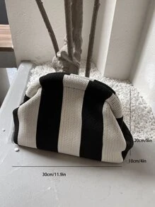 女士针织手提包，撞色条纹设计，大容量，经典复古搭扣包，适合度假旅行 - 黑與白 - 查看 3