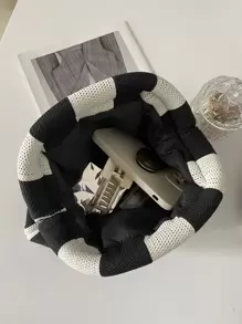 女士针织手提包，撞色条纹设计，大容量，经典复古搭扣包，适合度假旅行 - 黑與白 - 查看 4