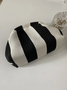 女士针织手提包，撞色条纹设计，大容量，经典复古搭扣包，适合度假旅行 - 黑與白 - 查看 5