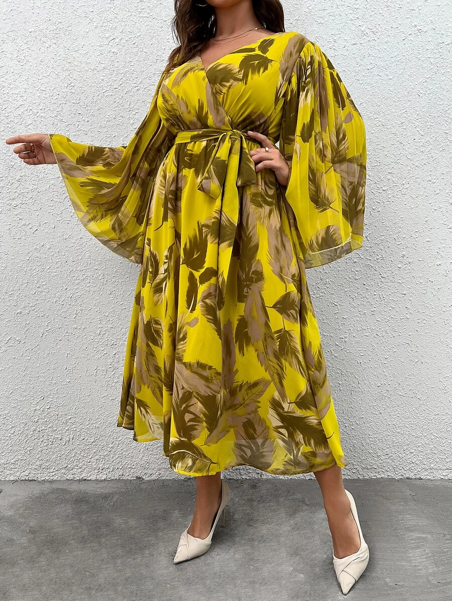 Mulvari 大碼熱帶圖案喇叭袖繫腰帶連衣裙 - 彩色 - 查看 1