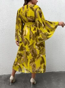 Mulvari 大碼熱帶圖案喇叭袖繫腰帶連衣裙 - 彩色 - 查看 2