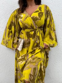 Mulvari 大碼熱帶圖案喇叭袖繫腰帶連衣裙 - 彩色 - 查看 4