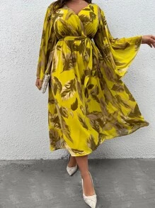 Mulvari 大碼熱帶圖案喇叭袖繫腰帶連衣裙 - 彩色 - 查看 6