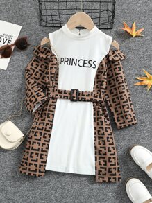 Toddler Girls Letter Graphic Colourblock Ruffle Trim Cold Shoulder Belted Dress - Multicolor - View 1