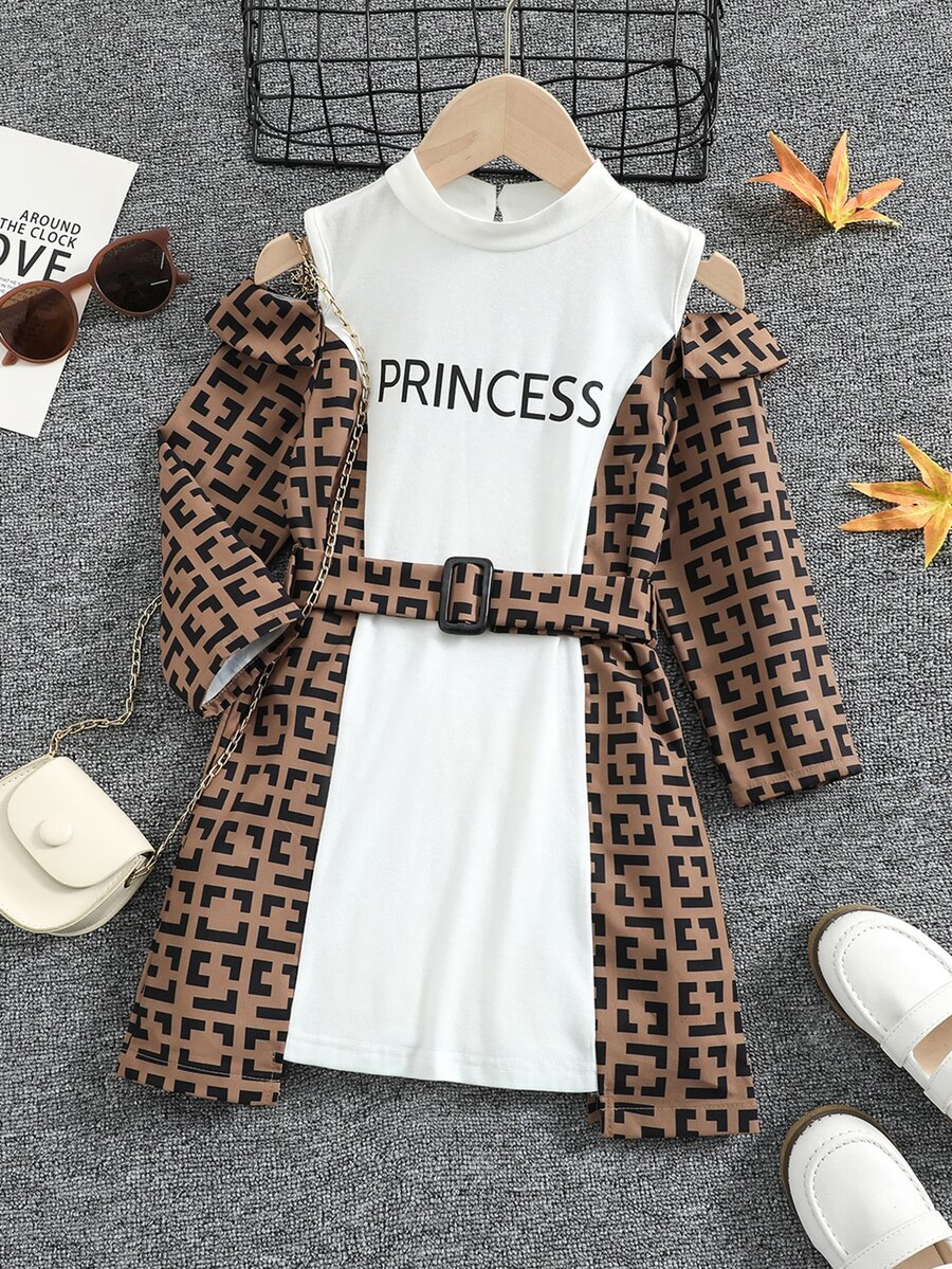 Toddler Girls Letter Graphic Colourblock Ruffle Trim Cold Shoulder Belted Dress - Multicolor - View 1