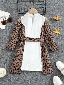 Toddler Girls Letter Graphic Colourblock Ruffle Trim Cold Shoulder Belted Dress - Multicolor - View 2