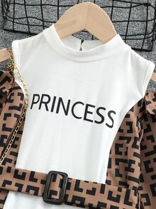 Toddler Girls Letter Graphic Colourblock Ruffle Trim Cold Shoulder Belted Dress - Multicolor - View 3