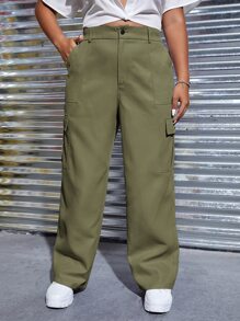 SHEIN Qutie 大碼高腰翻蓋口袋工裝褲