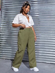 SHEIN Qutie 大碼高腰翻蓋口袋工裝褲