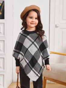 SHEIN Toddler Girls Plaid Pattern Asymmetrical Hem Knit Poncho - Multicolor - View 1