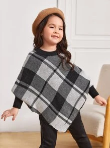 SHEIN Toddler Girls Plaid Pattern Asymmetrical Hem Knit Poncho - Multicolor - View 5