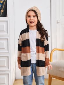 SHEIN Niñas Cárdigan de color combinado de hombros caídos - Multicolor - Ver 4