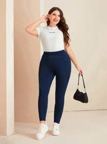 Mulvari 大碼抽褶細節收復緊身打底褲 - 藏蓝色 - 查看 5