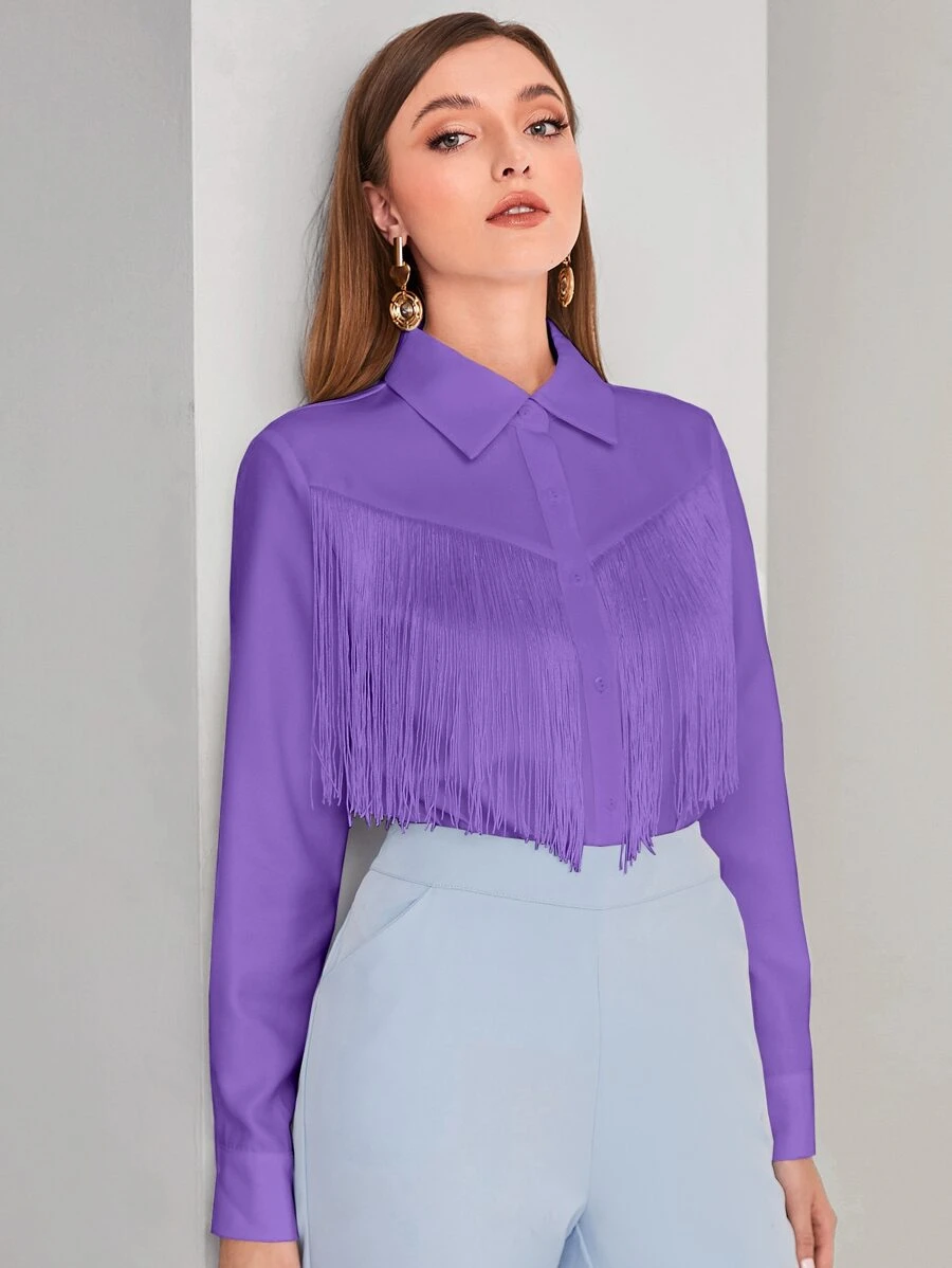Modelyn Áo sơ mi nữ Nút mép màu trơn Thanh lịch - Màu tím  Violet - Xem 1