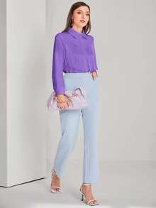 Modelyn Áo sơ mi nữ Nút mép màu trơn Thanh lịch - Màu tím  Violet - Xem 3