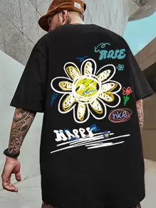 Manfinity Roghcode Men T-Shirts Baggy Crew Neck Drop Shoulder Short Sleeve Graffiti Tee Colorful Street Summer Polyester - Black - View 1