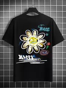 Manfinity Roghcode Men T-Shirts Baggy Crew Neck Drop Shoulder Short Sleeve Graffiti Tee Colorful Street Summer Polyester - Black - View 3