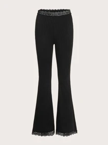 Sweetness Contrast Lace Flare Leg Pants - Black - View 2