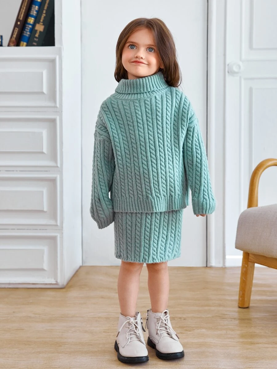 SHEIN 小女童麻花編織高領毛衣和針織裙 - 薄荷綠 - 查看 1