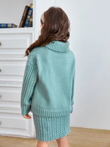 SHEIN 小女童麻花編織高領毛衣和針織裙 - 薄荷綠 - 查看 2