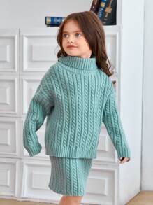 SHEIN 小女童麻花編織高領毛衣和針織裙 - 薄荷綠 - 查看 4