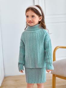 SHEIN 小女童麻花編織高領毛衣和針織裙 - 薄荷綠 - 查看 6