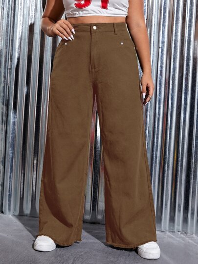 Plus High Waist Raw Cut Wide Leg Jeans
