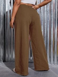 CovetEZ Plus High Waist Raw Cut Wide Leg Jeans,Valentine's Day,White Jeans - Mocha Brown - View 2