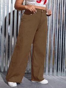 CovetEZ Plus High Waist Raw Cut Wide Leg Jeans,Valentine's Day,White Jeans - Mocha Brown - View 3