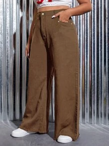 CovetEZ Plus High Waist Raw Cut Wide Leg Jeans,Valentine's Day,White Jeans - Mocha Brown - View 4