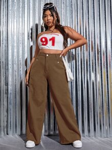 CovetEZ Plus High Waist Raw Cut Wide Leg Jeans,Valentine's Day,White Jeans - Mocha Brown - View 5