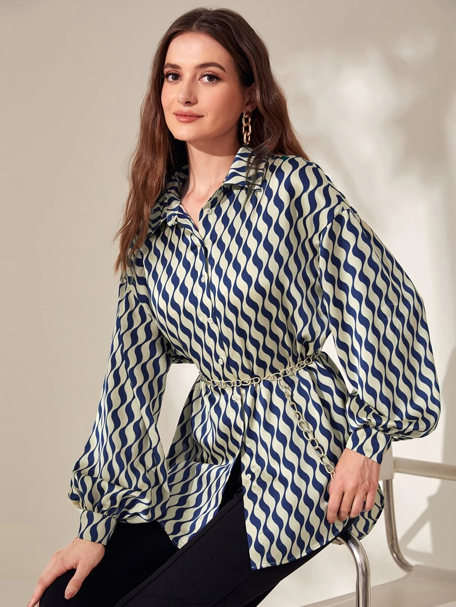 Modelyn Allover Print Drop Shoulder Belted Shirt - Navy Blue - View 1