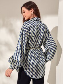 Modelyn Allover Print Drop Shoulder Belted Shirt - Navy Blue - View 2