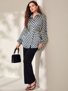 Modelyn Allover Print Drop Shoulder Belted Shirt - Navy Blue - View 3