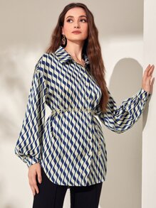 Modelyn Allover Print Drop Shoulder Belted Shirt - Navy Blue - View 4
