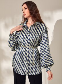 Modelyn Allover Print Drop Shoulder Belted Shirt - Navy Blue - View 5