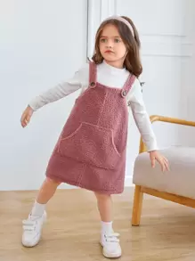 SHEIN 小女童口袋貼布絨毛背帶裙不帶上衣 - 藕粉色 - 查看 3