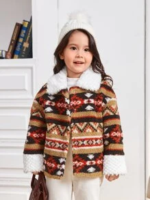 SHEIN Toddler Girls 1pc  Print Drop Shoulder Teddy Coat,In Fall/Winter - Multicolor - View 1