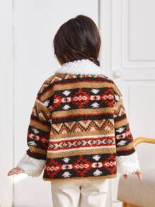 SHEIN Toddler Girls 1pc  Print Drop Shoulder Teddy Coat,In Fall/Winter - Multicolor - View 2