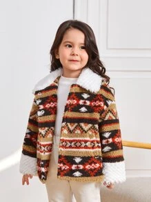 SHEIN Toddler Girls 1pc  Print Drop Shoulder Teddy Coat,In Fall/Winter - Multicolor - View 4