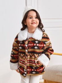 SHEIN Toddler Girls 1pc  Print Drop Shoulder Teddy Coat,In Fall/Winter - Multicolor - View 5