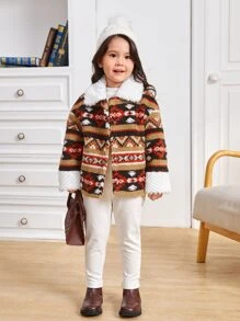 SHEIN Toddler Girls 1pc  Print Drop Shoulder Teddy Coat,In Fall/Winter - Multicolor - View 6