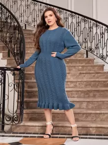 Modelyn Vestido de punto tejido de cable bajo con fruncido sin cinturón - Neblina azul - Ver 1