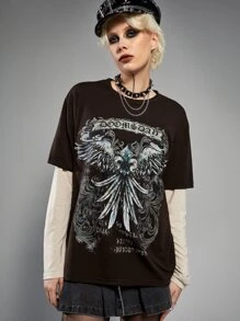 ROMWE Grunge Punk 假兩件字母圖案T恤 - 巧克力棕 - 查看 1
