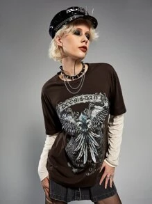 ROMWE Grunge Punk 假兩件字母圖案T恤 - 巧克力棕 - 查看 3