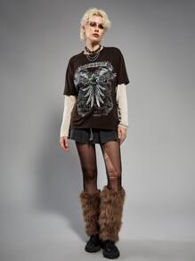 ROMWE Grunge Punk 假兩件字母圖案T恤 - 巧克力棕 - 查看 4